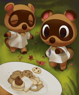 anthro brown_body brown_fur chibi clothing cookie duo eyes_closed food fur identical_twins kemono outside shirt topwear inkune animal_crossing nintendo timmy_nook tommy_nook canid canine mammal raccoon_dog tanuki 2020 brother_(lore) brothers_(lore) sibling_(lore) twins_(lore)