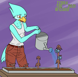 5_fingers anthro beak belt belt_buckle bottomwear breasts brown_bottomwear brown_clothing brown_pants buckle clothed clothing eyebrows feather_hair feathers female fingers holding_object holding_watering_can open_mouth open_smile orange_eyes pants plant pseudo_hair purple_background scutes shirt simple_background sleeveless_shirt small_breasts smile solo standing tail tail_feathers teal_body teal_feathers topwear watering watering_can white_clothing white_shirt white_sleeveless_shirt white_topwear yellow_beak terrathewizard chucklefish starbound kessli_(terrathewizard) avian avian_(starbound) 2021 signature
