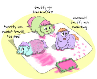 ambiguous_feral ambiguous_gender angry baby_talk black_eyes blue_body blue_fur dialogue dirty feral fingerpainting frown fur green_body green_fur group hair happy hooves misleading_thumbnail offscreen_character open_mouth orange_hair orange_tail paint painting_(action) pink_hair pink_paint pink_tail purple_body purple_fur purple_hair purple_tail simple_background smile standing tail text trio young young_ambiguous young_feral carpdime fluffy_pony fluffy_pony_(species) mammal digital_media_(artwork) english_text