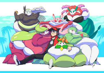 anthro anthrofied belly big_belly big_breasts blue_eyes blush breasts clothing cuddling eating eyes_closed eyewear featureless_breasts female food footwear glasses green_hair group hair hand_on_belly hand_on_hip harem harem_outfit hat headgear headwear human_on_anthro human_on_humanoid interspecies larger_female long_hair male male/female morbidly_obese mouthless obese one_eye_closed overweight overweight_female plant plate pokemorph pseudo_clothing red_eyes shoes sitting size_difference smaller_human smile wink jeetdoh nintendo pokemon arthropod elemental_creature flora_fauna florges gardevoir generation_3_pokemon generation_5_pokemon generation_6_pokemon generation_7_pokemon human humanoid insect legendary_pokemon lilligant lurantis mammal meloetta meloetta_(aria_form) pokemon_(species) red_flower_florges tsareena 2017 absurd_res hi_res