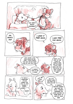 anthro bed biped dialogue duo female fur furniture hair male male/female simple_background size_difference smaller_female speech_bubble text bedupolker mariella_mazatzal rusty_reavis cricetid deer_mouse mammal mouse murid murine rodent comic english_text hi_res trans_(lore) trans_man_(lore)