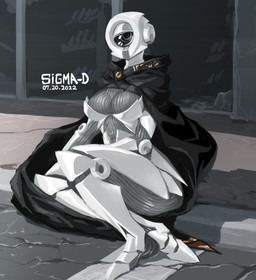 1_eye armor big_breasts black_body black_clothing breasts cape cleavage cloak clothed clothing crossed_legs detailed_background feet female glistening grey_body half-closed_eyes looking_at_viewer machine metal metallic_body mouthless multicolored_body narrowed_eyes one_eye_half-closed sitting sitting_on_ground solo text thick_thighs three-quarter_view white_body sigma-d humanoid robot robot_humanoid 2022 artist_name dated digital_media_(artwork) full-length_portrait hi_res portrait signature