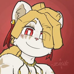 adolescent anthro blonde_eyebrows blonde_hair dreadlocks eyebrows facial_markings fur gold_(metal) gold_jewelry gold_necklace gold_piercing hair head_markings jewelry kemono looking_at_viewer male markings necklace piercing pink_nose pupils red_eyes shota smile solo white_body white_fur white_pupils young zar3k zarek_god_of_youth_(zar3k) deity felid lion mammal pantherine 1:1 2026 digital_media_(artwork)