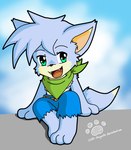 anthro blue_body bottomwear clothing fangs fur green_eyes hair kerchief male shorts sitting smile solo teeth young young_anthro coshi-dragonite mythology neopets canid canine canis lupe_(neopets) mammal mythological_canine mythological_creature neopet_(species) werecanid werecanine werecreature werewolf wolf hi_res