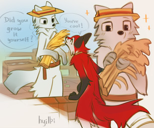 anthro black_body black_fur black_nose cheek_tuft clothing dialogue duo facial_tuft fence fur hat headgear headwear holding_object nude red_body red_fur speech_bubble square_(anatomy) text tuft white_body white_fur hyilpi microsoft minecraft mojang xbox_game_studios vixy_(hyilpi) arctic_fox arctic_fox_(minecraft) canid canine fox fox_(minecraft) mammal red_fox true_fox 2024 digital_media_(artwork) english_text signature