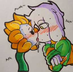 anthro blush bodily_fluids crossed_arms drooling duo eye_contact french_kissing half-closed_eyes kiss_on_lips kissing limbless looking_at_another lying male narrowed_eyes not_furry on_front plant saliva selfcest sound_effects square_crossover sweat sweatdrop tongue young justsomeidiotonline undertale undertale_(series) asriel_dreemurr flowey_the_flower bovid caprine elemental_creature flora_fauna goat humanoid mammal absurd_res hi_res