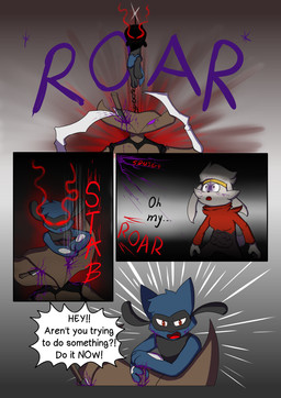 4_panel_comic ambiguous_gender anthro attack biped black_body black_fur black_text blade_arm blood blood_from_eye blue_body bodily_fluids brown_body claws dialogue ellipsis exclamation_point female fight fur group holding_knife holding_melee_weapon holding_object holding_weapon knife male melee_weapon motion_lines open_mouth paws purple_eyes purple_text question_mark red_body red_eyes red_fur red_text simple_background sound_effects speech_bubble standing talking_to_another text tongue trio weapon white_body white_fur white_sclera wounded novaarts nintendo pokemon pokemon_mystery_dungeon spike_chunsoft hopps_(novaarts) lu_(novaarts) arthropod canid canine fossil_pokemon generation_1_pokemon generation_4_pokemon generation_8_pokemon insect kabutops lagomorph mammal pokemon_(species) raboot riolu 2026 absurd_res comic digital_media_(artwork) english_text hi_res