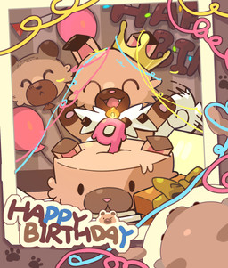 ambiguous_gender balloon birthday_cake brown_body brown_fur cake candle dessert feral food fur inflatable paper_crown paws solo tail white_body white_fur dafeiegagaga nintendo pokemon kian_(kianyemao) canid canine generation_7_pokemon mammal pokemon_(species) rockruff hi_res