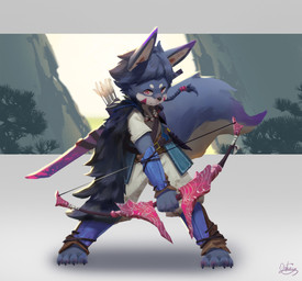 anthro barefoot black_nose blue_body blue_fur blue_hair bow_(weapon) cape clothing dagger day feet fur hair male melee_weapon outside plant ranged_weapon short_hair solo standing tree weapon lokey canid mammal 2018 hi_res