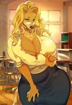 2018 absurd_res anthro artist_name big_breasts bottomwear breasts brown_body brown_fur brown_hair canid canine canis cherrikissu cleavage clothed clothing domestic_dog eyebrows female fur hair hand_on_leg hand_on_thigh hi_res huge_breasts hunting_dog inside long_hair looking_at_viewer mabel_(cherrikissu) mammal mature_anthro mature_female narrowed_eyes portrait saluki sighthound skirt solo teacher three-quarter_portrait wide_hips yellow_eyes