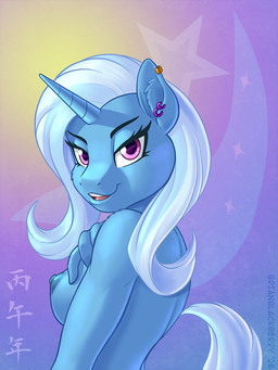anthro areola blue_body blue_fur blue_hair breasts ear_piercing eyebrows female fur hair horn looking_at_viewer nipples piercing purple_eyes solo text brian_mcpherson friendship_is_magic hasbro my_little_pony mythology trixie_(mlp) equid equine mammal mythological_creature mythological_equine unicorn 2026 3:4 chinese_text dated