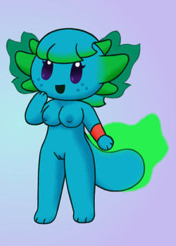 anthro armband breasts female freckles front_view genitals hair looking_at_viewer nipples nude raised_arm smile solo standing tail vulva lily_of_the_valley_(artist) lily_(lily_of_the_valley) amphibian aquatic axolotl mole_salamander salamander 2023 digital_media_(artwork)