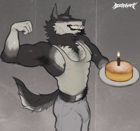 anthro armpit_hair body_hair bottomwear bulge cake cheek_tuft chest_hair chin_tuft clothed clothing dessert eyes_closed facial_tuft fangs food fur grey_body grey_bottomwear grey_clothing grey_fur grey_pants grin holding_object holding_plate male male_anthro muscular muscular_anthro muscular_male neck_tuft pants plate pubes simple_background smile solo standing teeth text topwear tuft white_body white_clothing white_fur white_topwear acidwuff canid canine canis mammal wolf absurd_res artist_name english_text hi_res portrait three-quarter_portrait