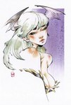 blush breasts clothed clothing female gaze green_hair hair smoldering solo chuma_hill capcom darkstalkers morrigan_aensland humanoid painting_(artwork) traditional_media_(artwork) watercolor_(artwork)