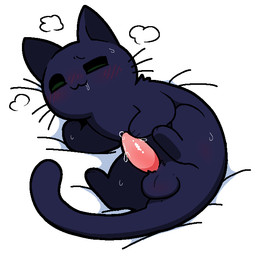 aroused_face balls bedding bedding_background black_body black_fur blush bodily_fluids cat_smile cat_tail erection feral front_view fur genital_fluids genitals glistening glistening_genitalia glistening_penis green_eyes half-closed_eyes hand_on_penis male male_feral monotone_body monotone_fur narrowed_eyes paws penis precum quadruped saliva simple_background solo steam sweat tapering_penis toony whiskers white_background plumflavor domestic_cat felid feline felis mammal 2026 aliasing binary_drawing cel_shading digital_drawing_(artwork) digital_media_(artwork) shaded