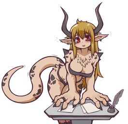 4_fingers black_clothing black_horn black_tail breasts cleavage clothed clothing ear_tuft female fingers fur hair horn nipple_outline open_mouth open_smile scales skimpy smile tail tan_body tan_ears tan_fur tan_tail tongue tuft kikster interspecies_reviewers deta_(interspecies_reviewers) horned_humanoid humanoid 2026 hi_res