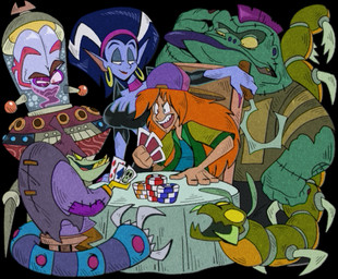 4_fingers card clothed clothing ear_piercing ear_ring exoskeleton feral fingers green_body green_exoskeleton green_skin group hair holding_card holding_object orange_hair piercing playing_card pointy_ears poker_chip purple_clothing purple_topwear ring_piercing teeth tongue topwear yellow_teeth bridgeoffaust brain_dead_13 arthropod human humanoid insect mammal monster undead vampire zombie hi_res