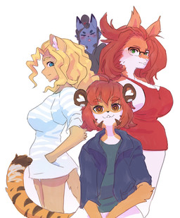 anthro big_breasts blonde_hair blue_body blue_eyes breasts clothing female group hair hand_in_pocket male pattern_clothing pattern_shirt pattern_topwear pockets red_hair shirt simple_background smile striped_clothing striped_shirt striped_topwear stripes tail topwear vest white_background corablue cheese_quesadilla corablue_(character) konosuke_(mrgolla) leksi canid canine canis felid jackal mammal pantherine rodent sciurid tiger tree_squirrel 2025 hi_res