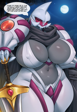 anthro big_breasts biped bodily_fluids breasts clothed clothing dialogue drooling female grey_body looking_at_viewer melee_weapon moon navel night nipple_outline saliva solo sword text thick_thighs thought_bubble weapon wide_hips mleonheart nintendo pokemon generation_4_pokemon legendary_pokemon palkia pokemon_(species) hi_res