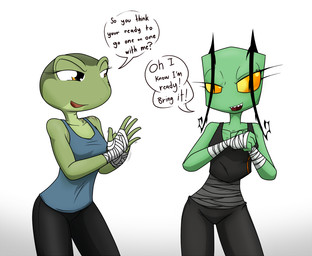 antennae_(anatomy) anthro breasts clothing dialogue duo eyelashes female fingers green_body green_skin multicolored_body multicolored_skin scar sharp_teeth shirt simple_background smile standing tank_top teeth text tongue topwear white_background wraps wrist_wraps yellow_eyes yellow_sclera sandwich-anomaly invader_zim nickelodeon amelia_(sandwich-anomaly) fan_character sanavava_(zerna) alien alien_humanoid amphibian frog humanoid irken 2015 digital_media_(artwork) english_text