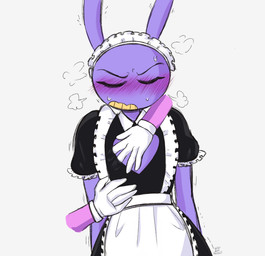 anthro apron black_clothing black_dress blush cleavage_cutout clothed clothing crossdressing cutout disembodied_hand dress hug maid_uniform male uniform white_apron white_clothing dany_trash_(artist) gumdogtrash glitch_productions the_amazing_digital_circus jax_(tadc) hi_res