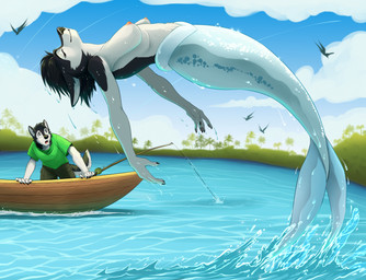 anthro black_body black_fur black_hair boat breasts clothed clothed_anthro clothed_male clothing day duo eyes_closed female fishing_rod fur glistening glistening_body glistening_scales glistening_tail green_clothing green_shirt green_t-shirt green_topwear hair jumping_from_water male mermaid_tail midair nipples nude nude_anthro nude_female open_mouth outside plant scales shirt split_form t-shirt topwear tree vehicle water watercraft wet white_body white_fur white_scales elke_(artist) fiora_(whitemerwolf) ambient_bird aquatic canid canine canis domestic_dog husky mammal merfolk nordic_sled_dog spitz 2025 hi_res