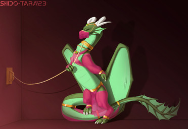 bound chain chained collar cuff_(restraint) female feral gold_(metal) gold_jewelry green_body green_eyes harem_outfit jewelry membrane_(anatomy) membranous_wings on_one_leg restraints simple_background slave solo standing tail wings conditional_dnp shido-tara mythology dragon mythological_creature mythological_scalie scalie hi_res