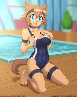 abs anthro blue_eyes breasts brown_body brown_fur brown_hair brown_tail choker cleavage clothed clothed_female clothing cute_fangs fangs female fur hair jewelry monster_girl_(genre) necklace one-piece_swimsuit poolside solo sport sportswear swimming_pool swimwear tail teeth text willfurr monster_musume polt_(monster_musume) canid canine japanese_kobold mammal 2023 4:5 absurd_res hi_res url