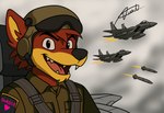 aerial_combat aircraft airplane anthro armor cloud cockpit f-15 flight_suit formation_flying headgear helmet jet male military missile pilot sky vehicle darkalcaline f-15_eagle canid canine canis mammal red_wolf wolf absurd_res digital_media_(artwork) hi_res