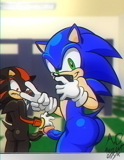 anthro balls big_butt butt clothing duo erection genitals gesture gloves hand_gesture handwear looking_at_viewer male mostly_nude penis selfie smile v_sign ancientonyx sega sonic_the_hedgehog_(series) shadow_the_hedgehog sonic_the_hedgehog eulipotyphlan hedgehog mammal