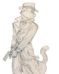 anthro bottomwear button_(fastener) clothed clothing coat gloves gun handgun handwear hat headgear headwear holding_object holding_weapon male necktie pistol ranged_weapon simple_background solo standing tail topwear trenchcoat weapon ursiday lackadaisy mordecai_heller domestic_cat felid feline felis mammal 4:5 hi_res