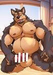 anthro balls belly brown_body brown_fur canid canine canis censored domestic_dog erection eyebrows fur genitals hi_res lifewonders live_a_hero male mammal musclegut muscular navel nipples pecs penis pubraseer solo thick_eyebrows weight_gain yukikazefactory