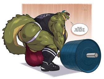 anthro big_breasts black_clothing black_footwear black_shirt black_socks black_tank_top black_topwear bodily_fluids breasts bulge butt butt_focus clothing deadlift exercise footwear hat headgear headwear huge_breasts hyper hyper_breasts jockstrap looking_at_viewer looking_back looking_back_at_viewer male muscular muscular_male overweight overweight_anthro overweight_male scales shirt shoes socks solo sweat sweatdrop sweaty_body tank_top text topwear underwear weightlifting weights workout workout_clothing boosterpang salvador_(gator) alligator alligatorid crocodilian reptile scalie 2025 english_text busty_boy_(lore) male_(lore)