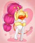 big_breasts bottomwear breasts cellphone cleavage clothed clothing electronics female fully_clothed hair heart_eyes heart_symbol not_furry phone pink_hair shorts solo spade_tail tail thick_thighs yellow_body catsmeow demon demon_humanoid humanoid 2020 hi_res