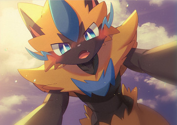 ambiguous_gender anthro black_body black_fur blue_eyes blush cheek_tuft chest_tuft cloud facial_tuft fangs fur looking_at_viewer low-angle_view open_mouth pupils sky slit_pupils solo sunset teeth tuft worm's-eye_view yellow_body yellow_fur natadeko_kitsune nintendo pokemon felid feline generation_7_pokemon legendary_pokemon mammal pokemon_(species) zeraora shaded