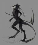 ambiguous_gender anthro armor black_body black_fur claws cosplay fur grey_background melee_weapon polearm scythe simple_background solo tail toe_claws weapon akrolayn digital_extremes tencent warframe nekros_(warframe) mammal sergal hi_res