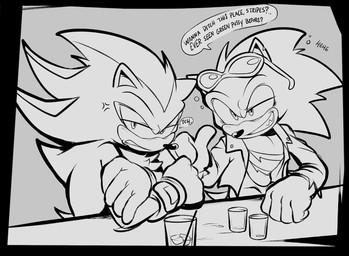 annoyed anthro bar chest_scar clothing container cross-popping_vein cup drinking_glass drunk duo eyewear eyewear_on_head flirting frown glass glass_container glass_cup gloves handwear male scar scowl smile substance_intoxication sunglasses sunglasses_on_head wearing_sunglasses shaddycatz archie_comics sega sonic_the_hedgehog_(archie) sonic_the_hedgehog_(comics) sonic_the_hedgehog_(series) scourge_the_hedgehog shadow_the_hedgehog eulipotyphlan hedgehog mammal 2023 digital_drawing_(artwork) digital_media_(artwork) hi_res monochrome