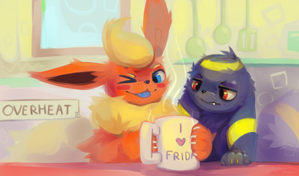 4_toes ambiguous/ambiguous ambiguous_gender black_body black_fur blep blue_eyes blue_tongue blush cheek_tuft container cup duo ears_down facial_tuft fangs feet feral fluffy fluffy_tail freckles fur happy head_tuft inside markings mug neck_tuft one_eye_closed orange_body orange_fur pivoted_ears red_eyes steam tail teeth text toes tongue tongue_out tuft unimpressed yellow_body yellow_fur yellow_markings metalisk nintendo pokemon eeveelution flareon generation_1_pokemon generation_2_pokemon pokemon_(species) umbreon 2026 absurd_res digital_media_(artwork) english_text hi_res