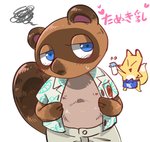 anthro apron blue_apron blue_clothing blue_eyes blush bottomwear brown_body brown_fur chibi clothed clothing duo eyes_closed fur kemono male nipples open_clothing open_shirt open_topwear overweight overweight_male pants shirt text topwear shandrawaka shanutaka animal_crossing nintendo crazy_redd tom_nook_(animal_crossing) canid canine mammal raccoon_dog tanuki 2021 japanese_text translated