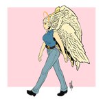 1:1 2018 angel angel_humanoid belt bigmsaxon border bottomwear clothed clothing feathered_wings feathers female footwear full-length_portrait head_wings hi_res humanoid orange_eyes pants pink_background portrait shoes simple_background sleeveless sleeveless_shirt solo standing walking white_border winged_humanoid wings yellow_sclera