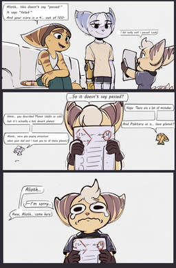 anthro blonde_hair bodily_fluids bottomwear clothed clothing crying cybernetic_arm cybernetic_limb dialogue female fur furniture gloves group hair handwear male paper pink_nose shorts sofa tail tail_tuft tears text thin_tail trio tuft white_body white_fur white_hair yellow_body yellow_fur time_fluffy500 ratchet_and_clank sony_corporation sony_interactive_entertainment alioth_(time_fluffy500) ratchet_(ratchet_and_clank) rivet_(ratchet_and_clank) lombax mammal absurd_res comic english_text hi_res
