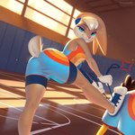 1:1 absurd_res anthro barely_visible_genitalia barely_visible_pussy basketball_uniform blonde_hair blue_eyes breasts buckteeth butt clothing daffy_duck detailed_background duo dutch_angle female footwear genitals hair hi_res inside lagomorph leporid lola_bunny looking_at_viewer looney_tunes mammal pinkaxolotl ponytail_ears pussy rabbit scut_tail shoes short_tail smile solo_focus space_jam space_jam:_a_new_legacy sportswear tail teeth translucent translucent_clothing tune_squad_outfit tune_squad_outfit_(2021) tying_shoes uniform warner_brothers