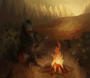 anthro armor black_hair bonfire clothing costume crown fantasy female fire flower forest fur furry_tail grass grey_body hair headgear heterochromia landscape long_hair medieval melee_weapon nature nature_background plant rose_(flower) shrub sitting solo sunset sword tail tree weapon ocelotka equid equine horse mammal pony digital_media_(artwork) full-length_portrait portrait