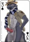 2018 abs animal_genitalia animal_penis anthro badge balls bottomless canid canine canine_genitalia canine_penis canis card card_template clothed clothing clubs_(suit) copyright_symbol english_text erection fonyaa fur genitals grey_body grey_fur hat headgear headwear jacket knot looking_at_viewer male mammal muscular muscular_anthro muscular_male navel november orange_eyes pecs penis playing_card playing_card_template scarf simple_background smile solo standing suit_symbol symbol text three_of_clubs topwear wolf