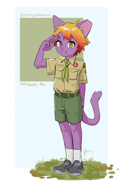 anthro bottomwear boy_scout clothing footwear fur gesture green_bottomwear green_clothing green_kerchief green_neckerchief green_shorts hair hand_behind_back heterochromia kemono kerchief looking_at_viewer male neckerchief neckwear orange_hair plant purple_body purple_fur salute shoes shorts simple_background sneakers socks solo white_clothing white_footwear white_socks young young_male strayrozerem roze_(strayrozerem) domestic_cat felid feline felis mammal 2025 absurd_res full-length_portrait hi_res portrait