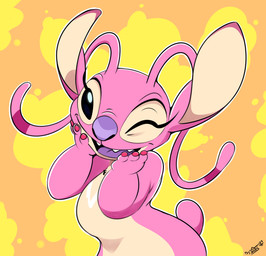 antennae_(anatomy) antennae_markings anthro big_ears big_nose black_eyes breasts chest_markings chest_tuft countershading eye_markings eyelashes featureless_breasts female fur glistening glistening_eyes hand_on_face happy long_antennae long_ears looking_at_viewer markings medium_breasts multicolored_body multicolored_fur one_eye_closed open_mouth open_smile orange_background outline pink_body pink_ears pink_fur purple_markings purple_nose purple_tongue scut_tail short_tail simple_background small_tail smile smiling_at_viewer tail tan_body tan_countershading tan_fur text tongue tuft two_tone_body two_tone_fur white_markings white_outline wink winking_at_viewer yellow_background conditional_dnp digitaldomain123 disney lilo_and_stitch angel_(lilo_and_stitch) alien experiment_(lilo_and_stitch) 2025 absurd_res artist_name digital_drawing_(artwork) digital_media_(artwork) hi_res signature