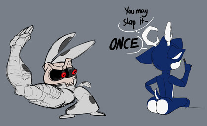 aged_down angry anthro antlers big_butt black_body black_fur blue_body blue_fur bone bone_mask butt dialogue duo fur horn humor imminent_slap male markings mask multicolored_body multicolored_fur nude_anthro nude_male presenting presenting_hindquarters red_eyes sitting skull skull_mask spots spotted_body spotted_fur tail text two_tone_body two_tone_fur white_body white_fur young young_male wayesh you_may_spank_it_once waketab_(waketab) wayesh_(wayesh) deer lagomorph leporid mammal rabbit english_text hi_res andromorph_(lore)