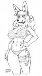 2018 5_fingers anthro bf_109_(hideki_kaneda) bikini breasts butt_from_the_front canid canine canis clothed clothing domestic_dog female fingers furgonomics hair hat headgear headwear hi_res knife kollerss looking_at_viewer maiz-ken mammal monochrome navel ponytail portrait simple_background sketch smile solo swimwear thigh_gap three-quarter_portrait white_background