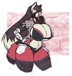 anthro big_breasts bikini bikini_top bottomwear breasts clothing daisy_dukes denim denim_bottomwear denim_clothing denim_shorts erect_nipples female food fur hair hair_over_eyes hotpants huge_breasts nipple_outline nipples popsicle popsicle_in_mouth prosthetic prosthetic_arm prosthetic_limb purple_hair red_body red_fur shorts simple_background solo swimwear thick_thighs two-piece_swimsuit wide_hips anuki locke_revolver ailurid mammal red_panda 2025 hi_res
