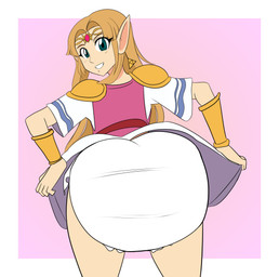 big_diaper blonde_hair blue_eyes blush blush_lines bottomwear butt butt_focus clothed clothing clothing_lift crown diaper diaper_focus female gem gold_accessory hair headgear huge_diaper not_furry pointy_ears princess red_gem royalty skirt skirt_lift smile pinkabdl nintendo the_legend_of_zelda princess_zelda hylian absurd_res hi_res